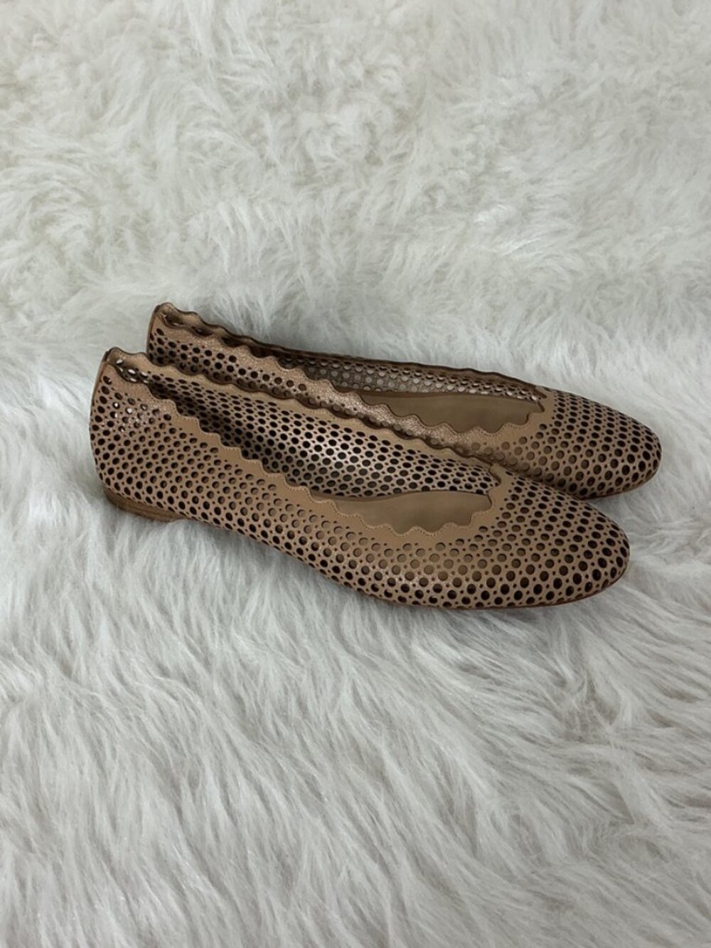 Chloe Brown Tan Leather Perforated Laser Cut Scalloped Lauren Flats EU 38.5 US 8